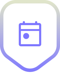 Purple calendar icon with a dot inside, enclosed in a gradient shield-shaped border.