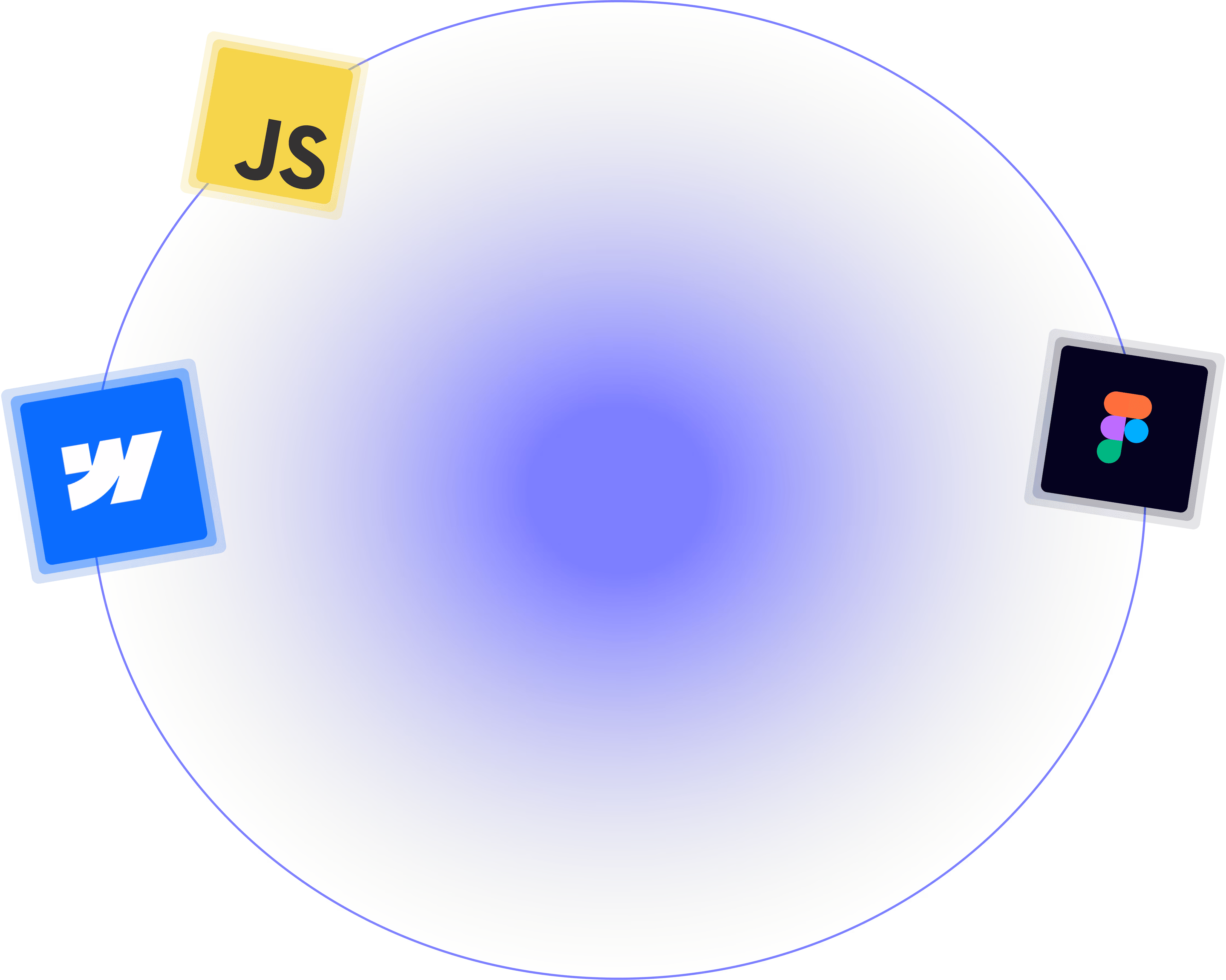 A large blue and purple gradient circle with floating icons for JavaScript, Webflow, and Figma around its edges.