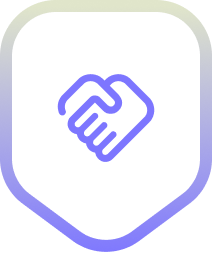 Icon of two hands shaking inside a shield-shaped outline with a gradient from green to purple.